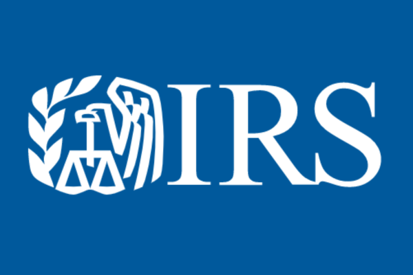 The IRS Logo, on a blue background, which consists of the IRS Eagle with the acronym "IRS" to the right of it.