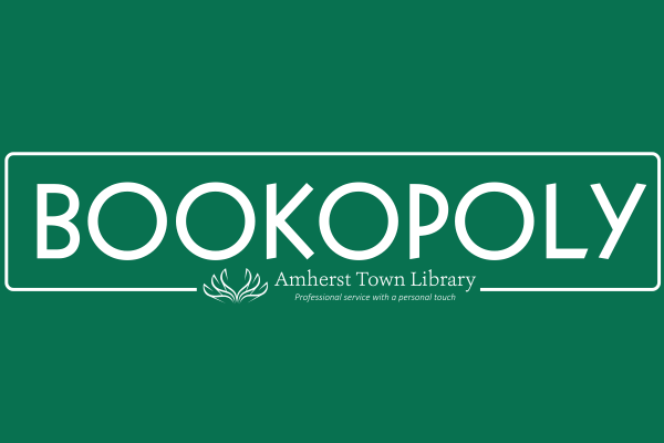 Bookopoly text in white on green background in monopoly font