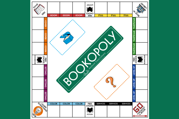 A custom-designed game board titled "BOOKOPOLY" in the center, surrounded by spaces with categories like "Mood," "Title," "Setting," "Color," and "Services." Other spaces include "Learn Something New," "Checkout a Book," and "Free Choice." The board also features icons such as an open book, a library building, and question marks, indicating themed activities related to books or reading. The design is colorful, with a green background and varied bright sections. The board is attributed to Amherst Town Librar