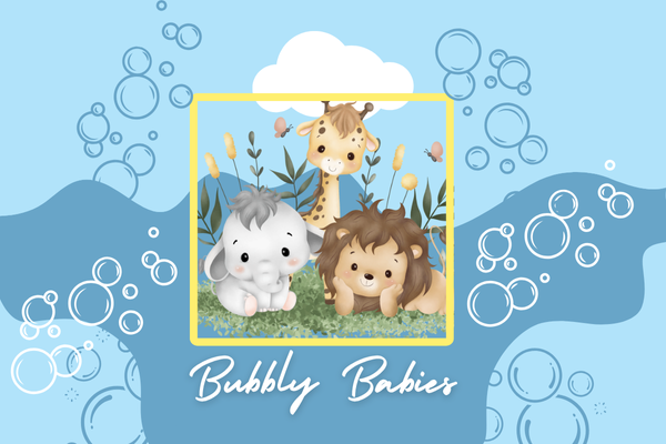 blue background with bubbles and a baby elephant, baby giraffe and baby lion looking through a square.