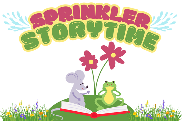 a mouse and a frog sitting on a book on the lawn with sprinkler storytime above them.