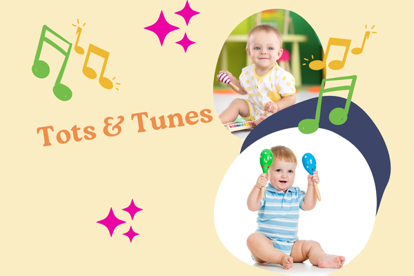 two babies sitting playing musical instruments for tots and tunes.