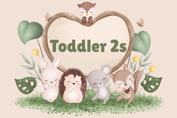 Toddler 2s in a heart surrounded by cute baby animals.