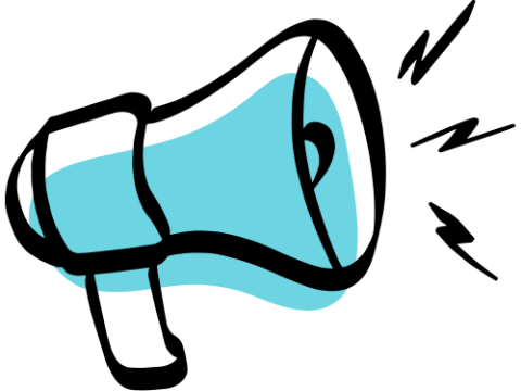 A black and white illustration of a megaphone with a light blue fill, with jagged lines emanating from the bell, suggesting sound.
