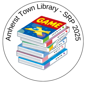 stack of colorful books with amherst town library srp 2025 words