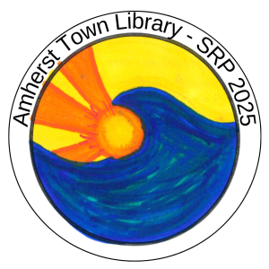 blue wave against a yellow sky with an orange sun and rays