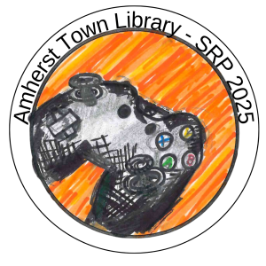 amherst town library srp 2025 words around gaming handset against an orange background