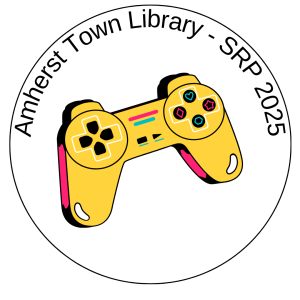 yellow game console with amherst town library srp 2025 words around it