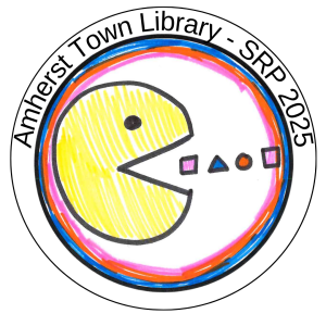 yellow pac man eating colorful shapes with amherst town library 2025 