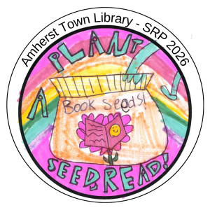 Bag of book seeds on a pink background saying Plant a seed read!