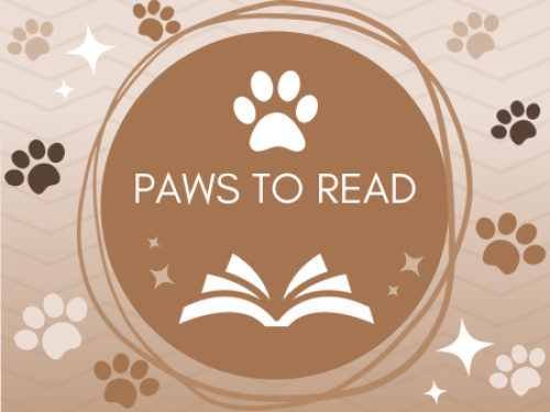 Open book with paw prints surrounding it, and words that say Paws to Read