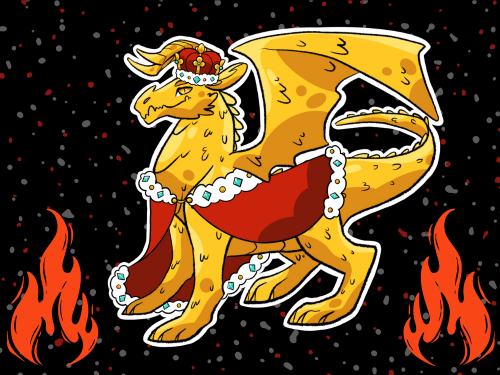 A cartoon King dragon with a crown and a cape and flames on either side with a black background